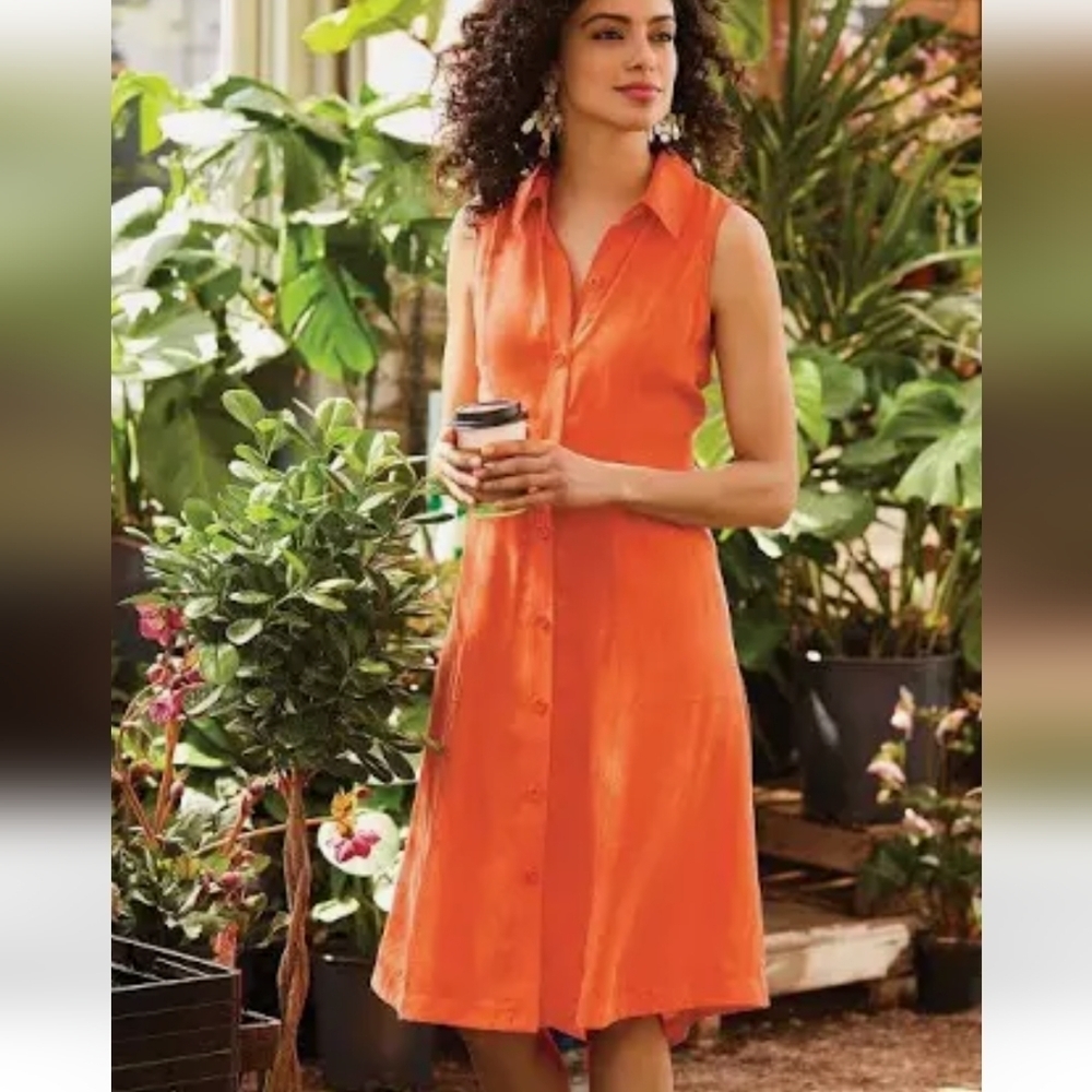 Soft Surroundings Cascade Sleeveless Button down Pumpkin Orange Shirt Dress S